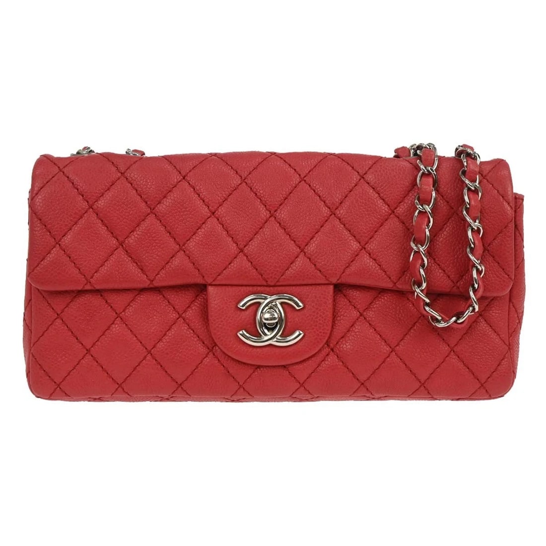 CHANEL RED CALFSKIN EAST WEST SHOULDER BAG: Chanel Red Calfskin East West Shoulder Bag Brand: CHANEL Type: Shoulder Bag Material/Exterior Material: Caviar Skin Leather Color/Exterior Color: Red Size: W 9.8 x H 5.1 x D 2.0 " Strap