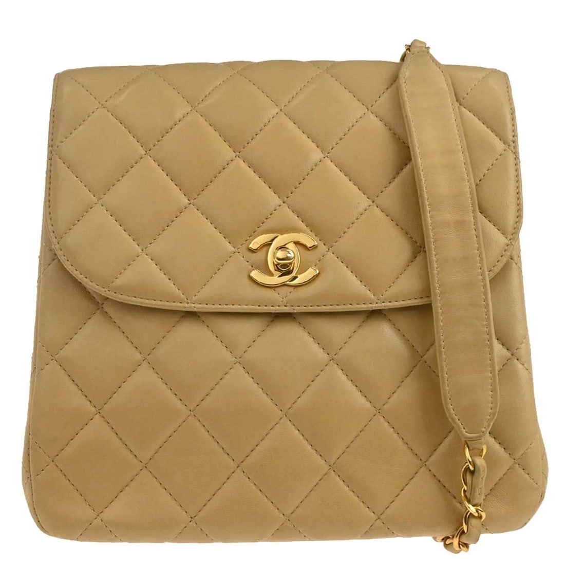 CHANEL BEIGE LAMBSKIN SHOULDER BAG: Chanel Beige Lambskin Shoulder Bag Brand: CHANEL Type: Shoulder Bag Material/Exterior Material: Lambskin Leather Color/Exterior Color: Beige Size: W 8.3 x H 8.3 x D 3.1 " Strap Drop. 20.9 " 