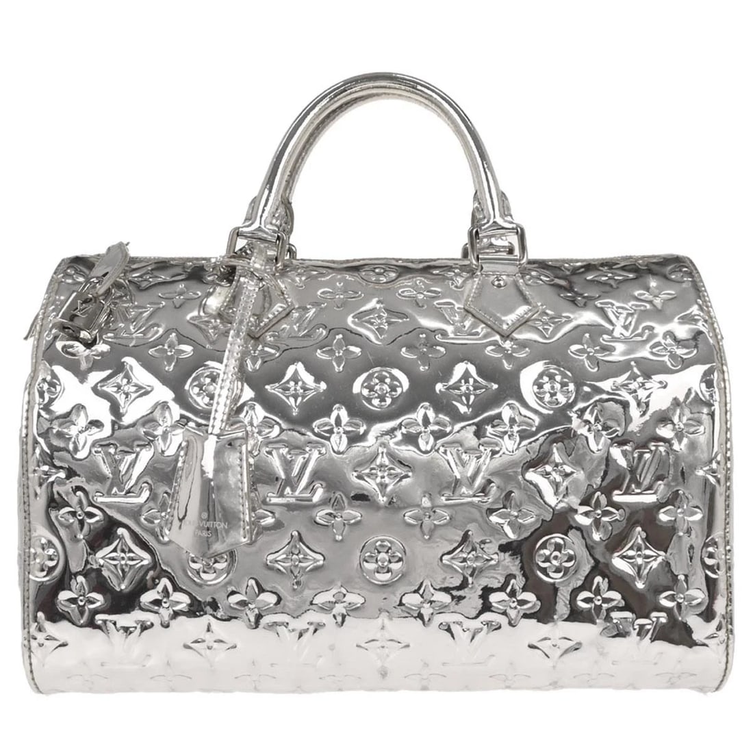 LOUIS VUITTON SILVER MONOGRAM MIROIR SPEEDY 30 HANDBAG: Louis Vuitton Silver Monogram Miroir Speedy 30 Handbag Brand: Louis Vuitton Type: Hand Bag Material/Exterior Material: Monogram Mirror Vinyl Color/Exterior Color: Argent * Silver Size: W 13.4 x H