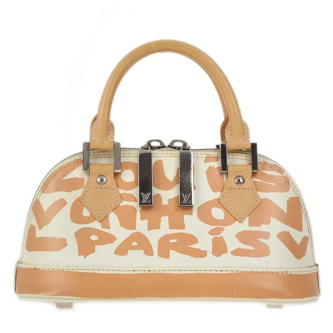 LOUIS VUITTON BEIGE GRAFFITI ALMA PM HANDBAG: Louis Vuitton Beige Graffiti Alma PM Handbag Brand: Louis Vuitton Type: Hand Bag Material/Exterior Material: Leather Color/Exterior Color: Beige, White Size: W 10.2 x H 5.1 x D 3.9 " Handle