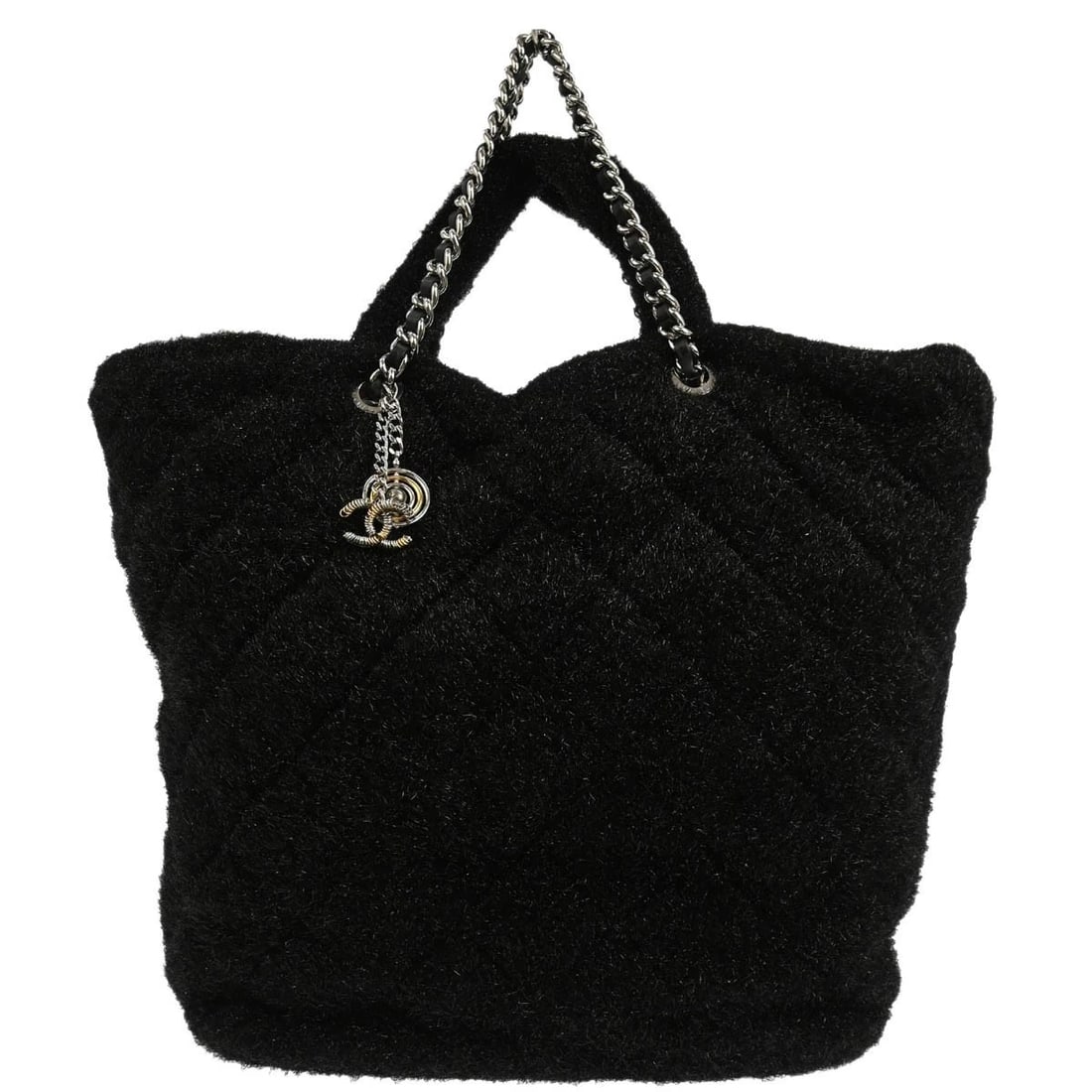 CHANEL BLACK PLUTO GLITTER SHOPPING TOTE CHAIN HANDBAG: Chanel Black Pluto Glitter Shopping Tote Chain Handbag Brand: CHANEL Type: Tote Material/Exterior Material: Glitter Color/Exterior Color: Black Size: W 12.6 x H 15.0 x D 5.9 " Handle Drop. 4.3 " S