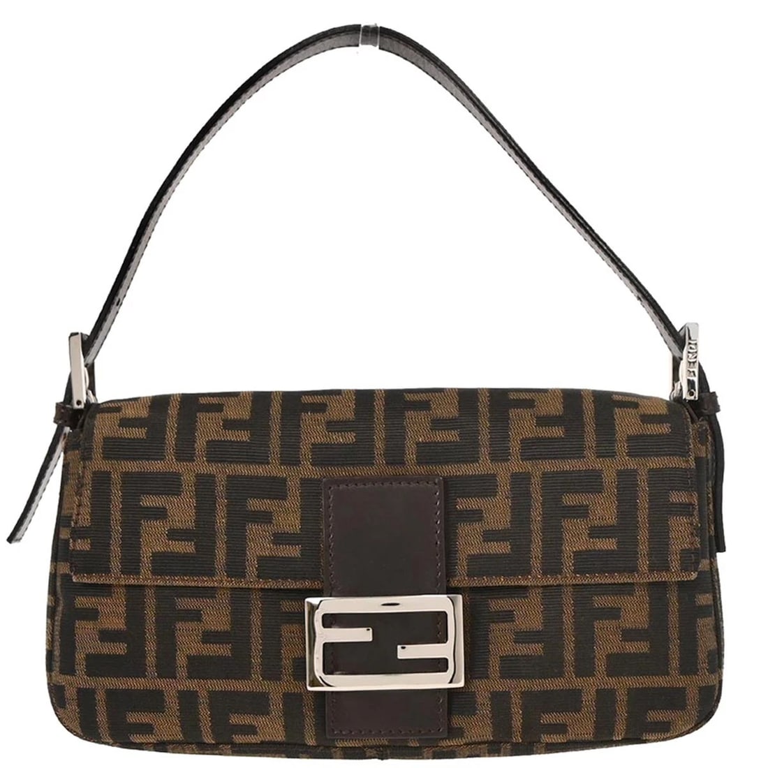 FENDI BROWN CANVAS ZUCCA BAGUETTE HANDBAG: Fendi Brown Canvas Zucca Baguette Handbag Brand: Fendi Type: Hand Bag Material/Exterior Material: Canvas, Leather Color/Exterior Color: Brown, Black Size: W 9.8 x H 5.5 x D 1.6 " Strap Drop. 5.5 -