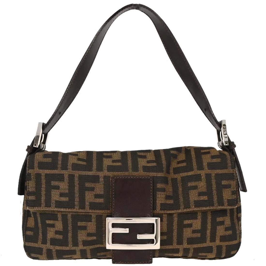 FENDI BROWN CANVAS ZUCCA BAGUETTE HANDBAG: Fendi Brown Canvas Zucca Baguette Handbag Brand: Fendi Type: Hand Bag Material/Exterior Material: Canvas, Leather Color/Exterior Color: Brown, Black Size: W 9.8 x H 5.5 x D 1.6 " Strap Drop. 5.5 -