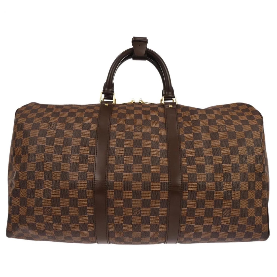 LOUIS VUITTON DAMIER KEEPALL 50 TRAVEL DUFFLE HANDBAG: Louis Vuitton Damier Keepall 50 Travel Duffle Handbag Brand: Louis Vuitton Type: Duffle Material/Exterior Material: Damier canvas, Leather Color/Exterior Color: Ebene*Brown Size: W 19.7 x H 11.4 x
