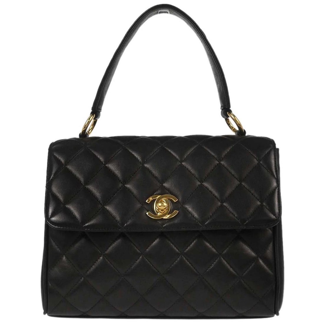 CHANEL BLACK LAMBSKIN HANDBAG: Chanel Black Lambskin Handbag Brand: CHANEL Type: Top Handle Bag Material/Exterior Material: Lambskin Color/Exterior Color: Black Size: W 7.9 x H 6.7 x D 3.5 " Handle Drop. 4.3 " Accessories: