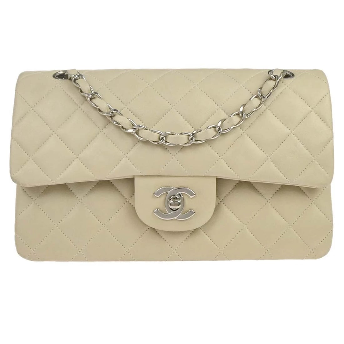 CHANEL OFF-WHITE LAMBSKIN SMALL CLASSIC DOUBLE FLAP SHOULDER BAG: Chanel Off-white Lambskin Small Classic Double Flap Shoulder Bag Brand: CHANEL Type: Shoulder Bag Material/Exterior Material: Lambskin Color/Exterior Color: Off-white Size: W 9.1 x H 5.5 x D