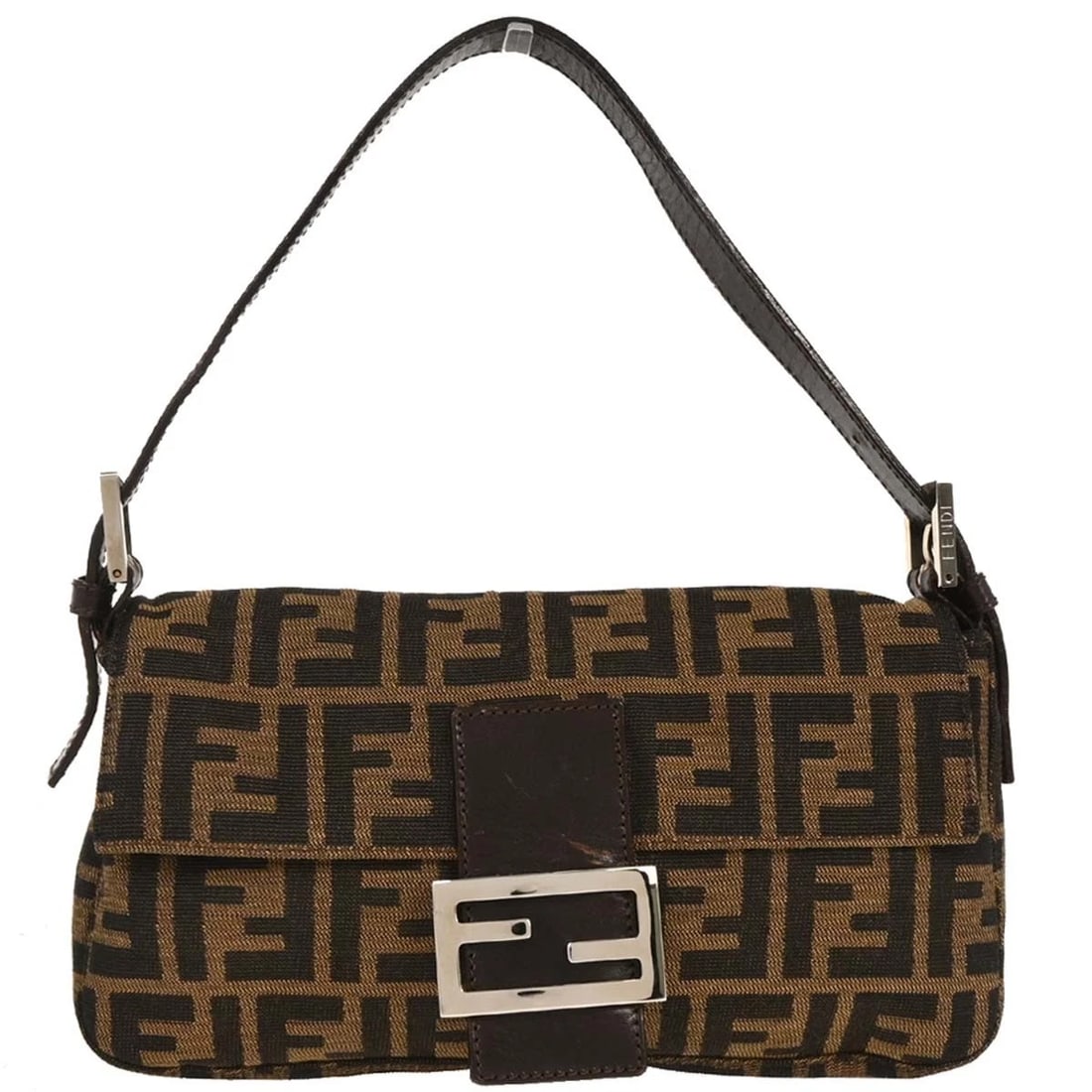 FENDI BROWN ZUCCA BAGUETTE HANDBAG: Fendi Brown Zucca Baguette Handbag Brand: Fendi Type: Hand Bag Material/Exterior Material: Canvas, Leather Color/Exterior Color: Brown, Black Size: W 9.8 x H 5.5 x D 1.6 " Strap Drop. 5.5 -