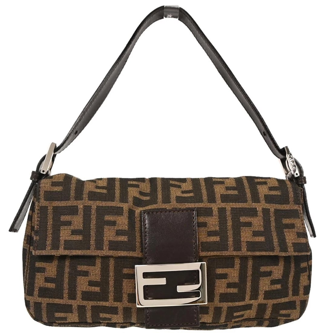 FENDI BROWN CANVAS ZUCCA BAGUETTE HANDBAG: Fendi Brown Canvas Zucca Baguette Handbag Brand: Fendi Type: Hand Bag Material/Exterior Material: Canvas, Leather Color/Exterior Color: Brown, Black Size: W 9.8 x H 5.5 x D 1.6 " Strap Drop.