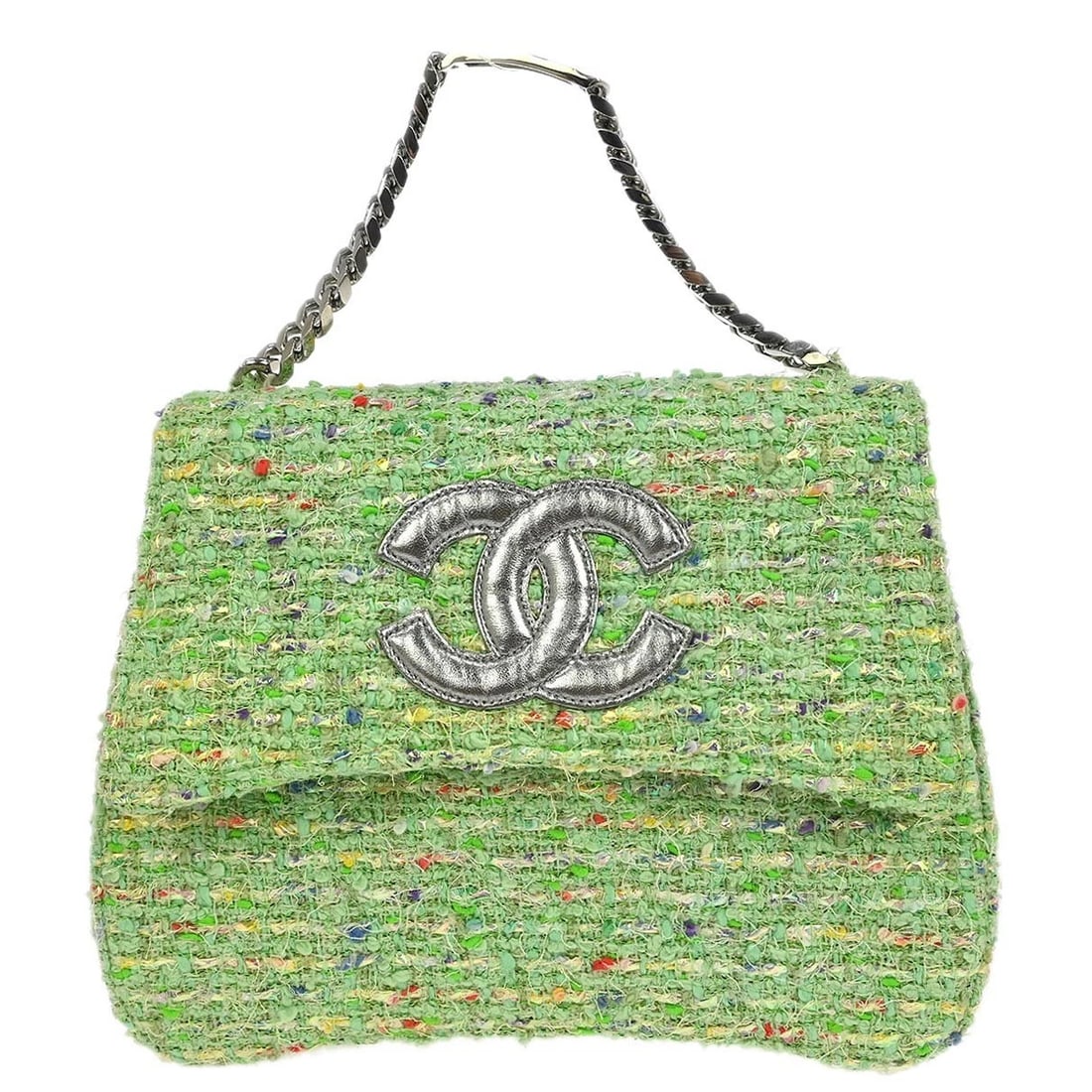 CHANEL GREEN TWEED CHAIN HANDBAG: Chanel Green Tweed Chain Handbag Brand: CHANEL Type: Top Handle Bag Material/Exterior Material: Tweed Color/Exterior Color: Green Size: W 9.8 x H 7.9 x D 2.4 " Handle Drop. 3.5 " Accessories: