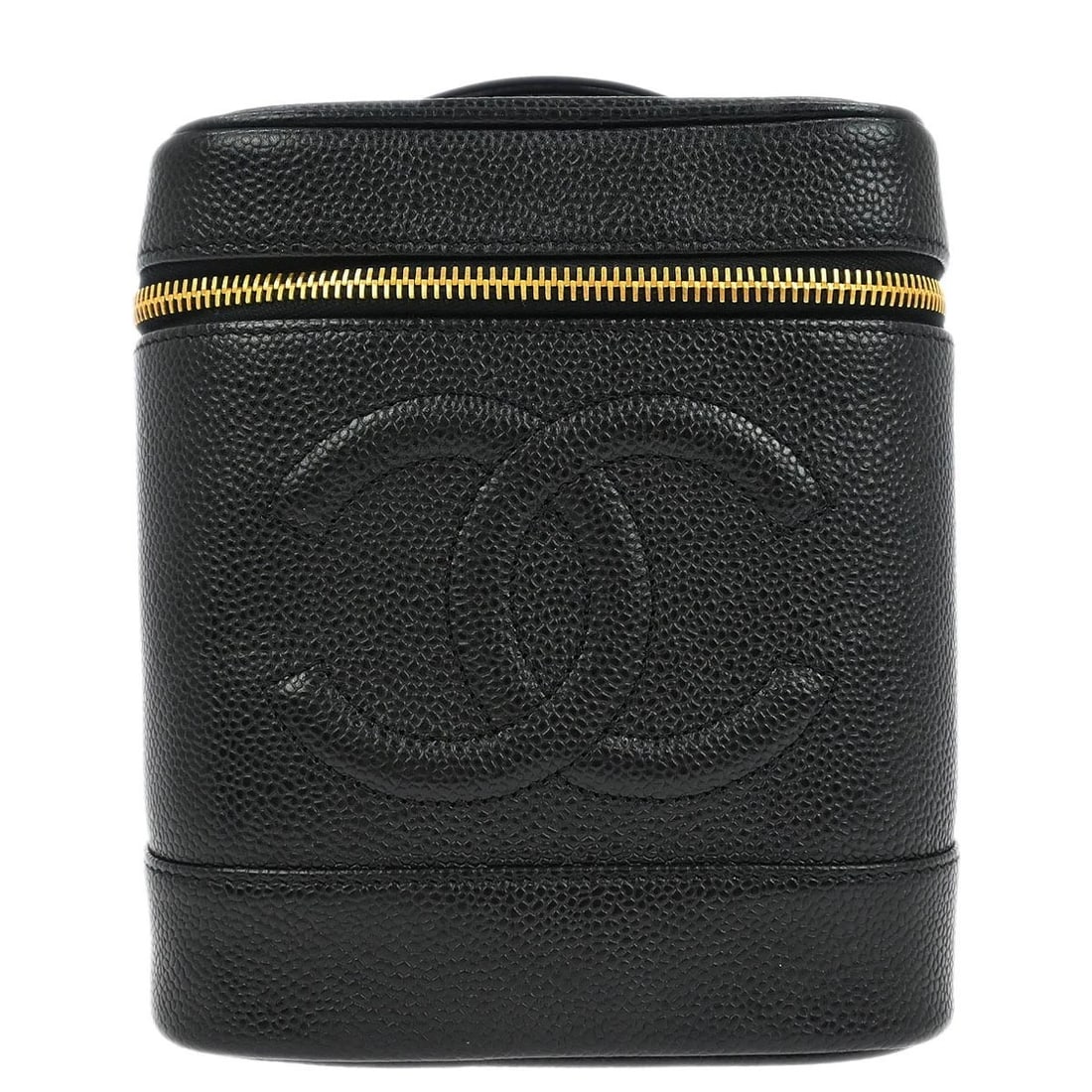 CHANEL BLACK CALFSKIN TIMELESS VANITY HANDBAG: Chanel Black Calfskin Timeless Vanity Handbag Brand: CHANEL Type: CHANEL Vanity Material/Exterior Material: Caviar Skin Leather Color/Exterior Color: Black Size: W 5.9 x H 7.1 x D 5.1 " Handle