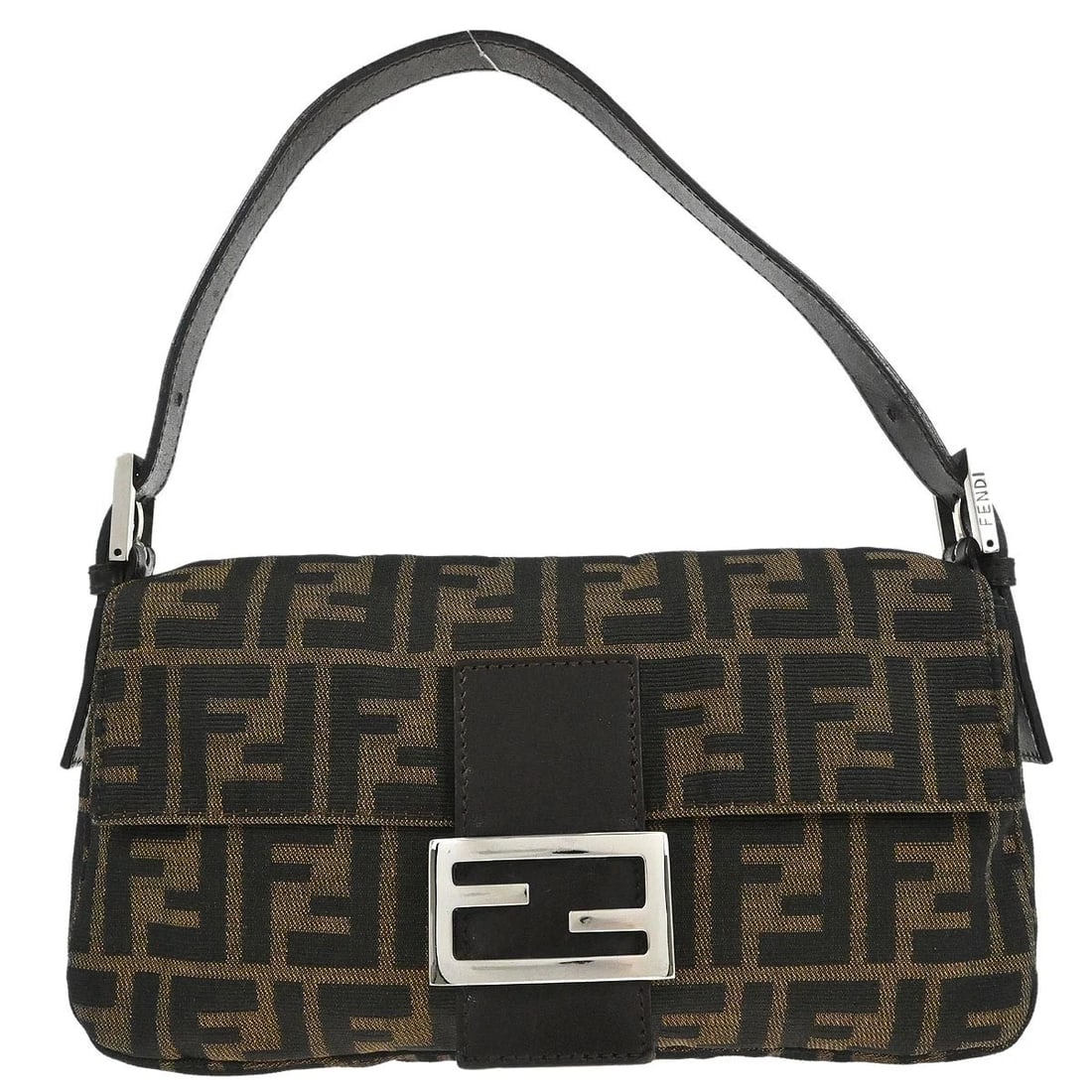 FENDI BROWN ZUCCA BAGUETTE HANDBAG: Fendi Brown Zucca Baguette Handbag Brand: Fendi Type: Hand Bag Material/Exterior Material: Canvas, Leather Color/Exterior Color: Brown, Black Size: W 9.8 x H 5.5 x D 1.6 " Strap Drop. 5.5 - 7.1 "