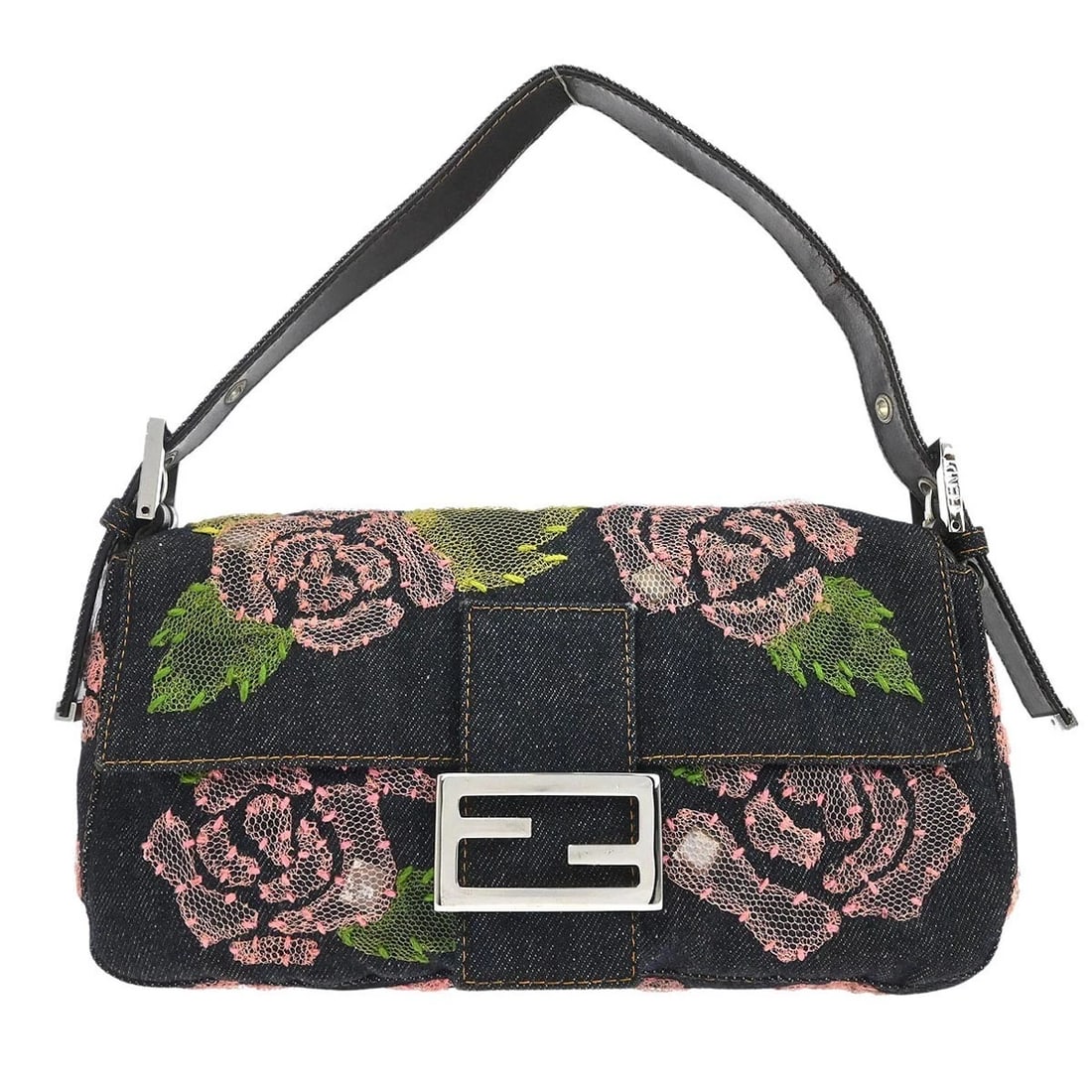 FENDI NAVY DENIM FLORAL BAGUETTE HANDBAG: Fendi Navy Denim Floral Baguette Handbag Brand: Fendi Type: Hand Bag Material/Exterior Material: Denim,Leather Color/Exterior Color: Navy Size: W 9.8 x H 5.1 x D 1.6 " Strap Drop. 4.7 - 6.3 " Acc