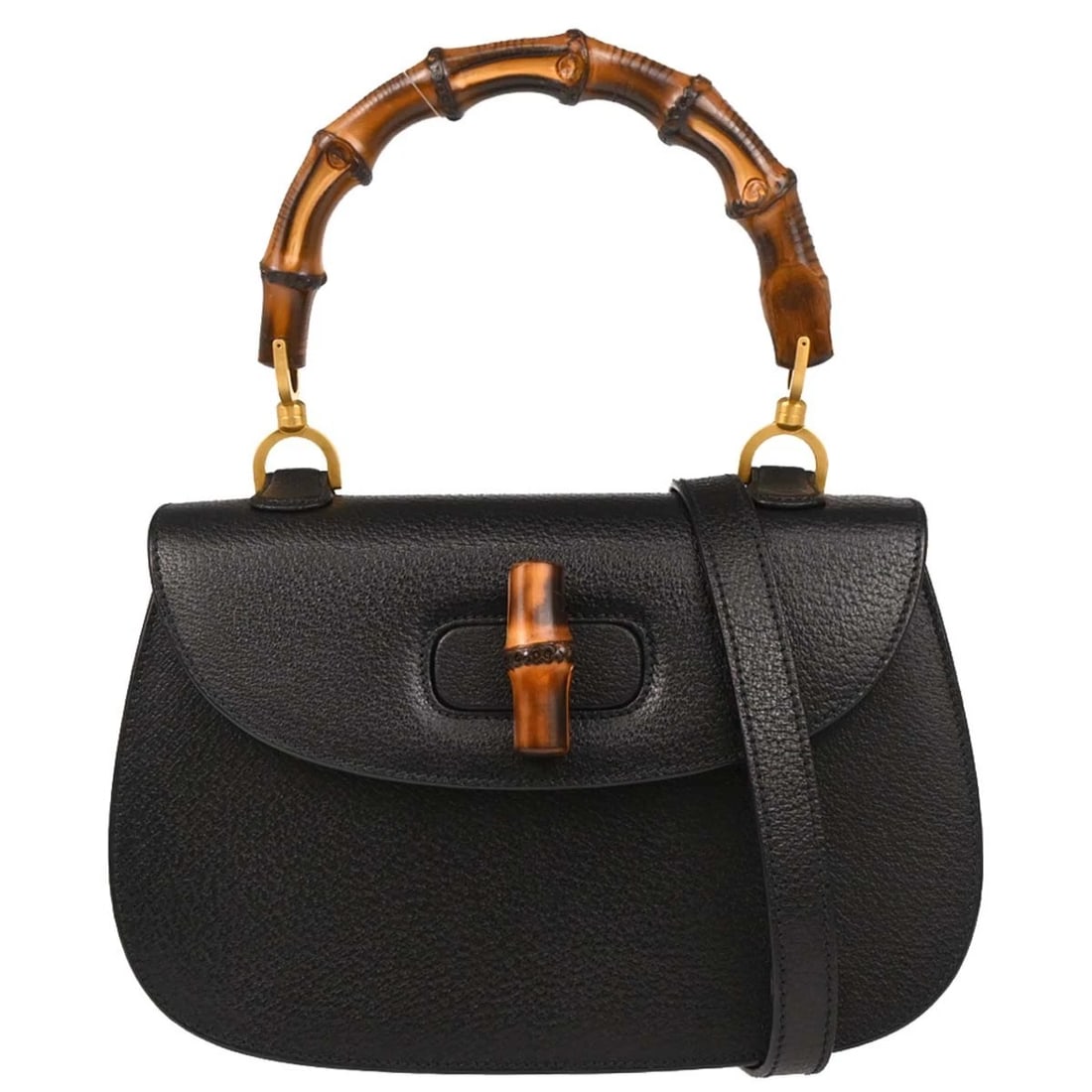 GUCCI BLACK PIGSKIN BAMBOO 2WAY HANDBAG: Gucci Black Pigskin Bamboo 2way Handbag Brand: Gucci Type: Top Handle Bag Material/Exterior Material: Pigskin, Bamboo Color/Exterior Color: Black Size: W 10.6 x H 7.1 x D 3.1 " Handle Drop. 4.7 "