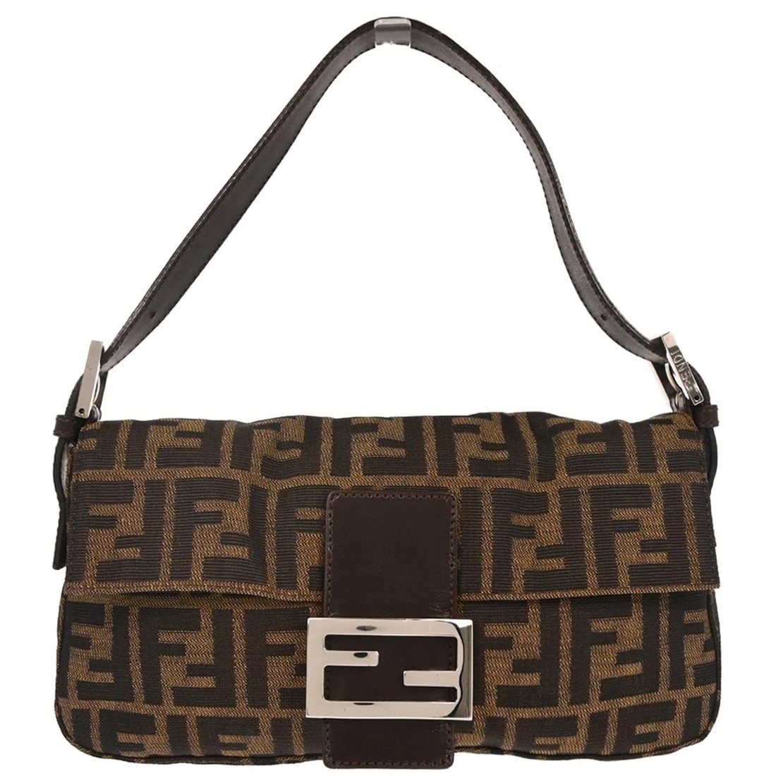 FENDI BROWN CANVAS ZUCCA BAGUETTE HANDBAG: Fendi Brown Canvas Zucca Baguette Handbag Brand: Fendi Type: Hand Bag Material/Exterior Material: Canvas, Leather Color/Exterior Color: Brown, Black Size: W 9.8 x H 5.5 x D 1.6 " Strap Drop. 5.5 -