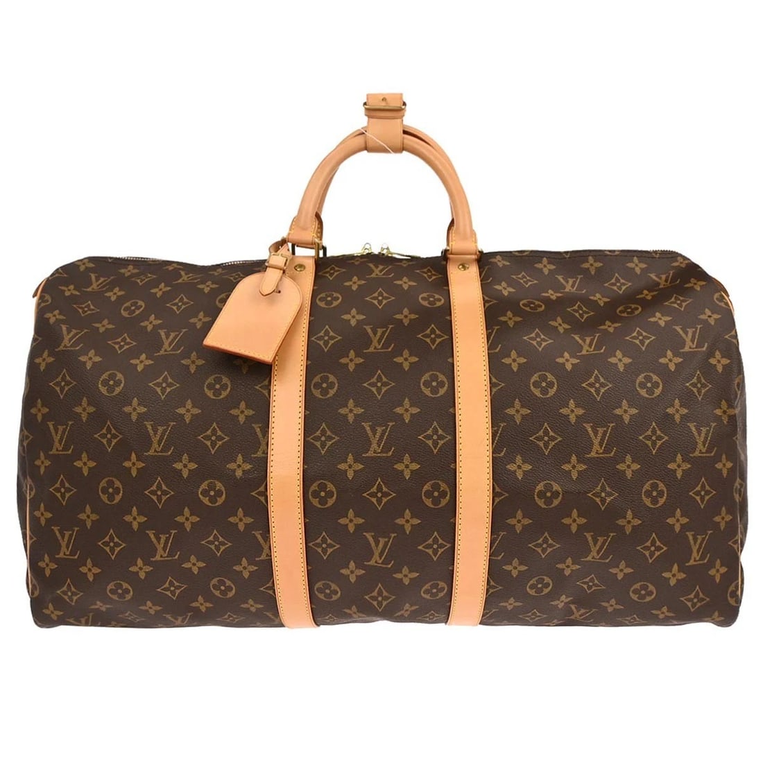 LOUIS VUITTON MONOGRAM KEEPALL 55 TRAVEL HANDBAG: Louis Vuitton Monogram Keepall 55 Travel Handbag Brand: Louis Vuitton Type: Duffle Material/Exterior Material: Monogram canvas, Leather Color/Exterior Color: Brown Size: W 21.7 x H 11.8 x D 9.8 "