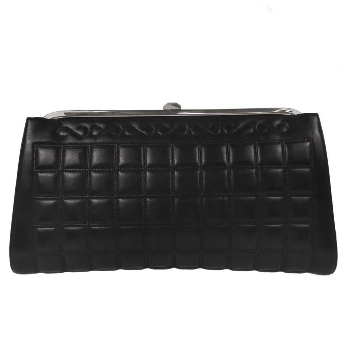 CHANEL BLACK LAMBSKIN CHOCO BAR CLUTCH BAG: Chanel Black Lambskin Choco Bar Clutch Bag Brand: CHANEL Type: Clutch Material/Exterior Material: Lambskin Color/Exterior Color: Black Size: W 13.4 x H 7.5 x D 2.0 " Accessories: None Acce