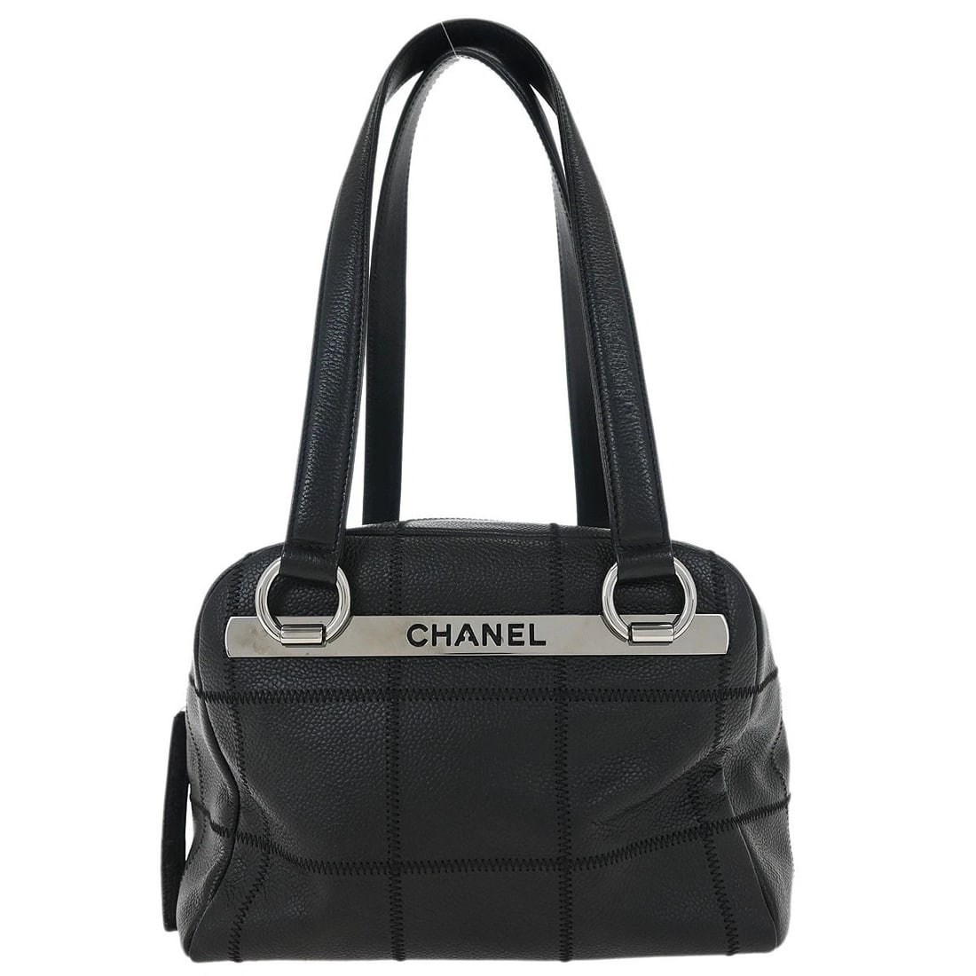 CHANEL BLACK CALFSKIN CHOCOBAR HANDBAG: Chanel Black Calfskin Chocobar Handbag Brand: CHANEL Type: Top Handle Bag Material/Exterior Material: Caviar skin leather Color/Exterior Color: Black Size: W 9.1 x H 6.7 x D 5.9 " Handle Drop.