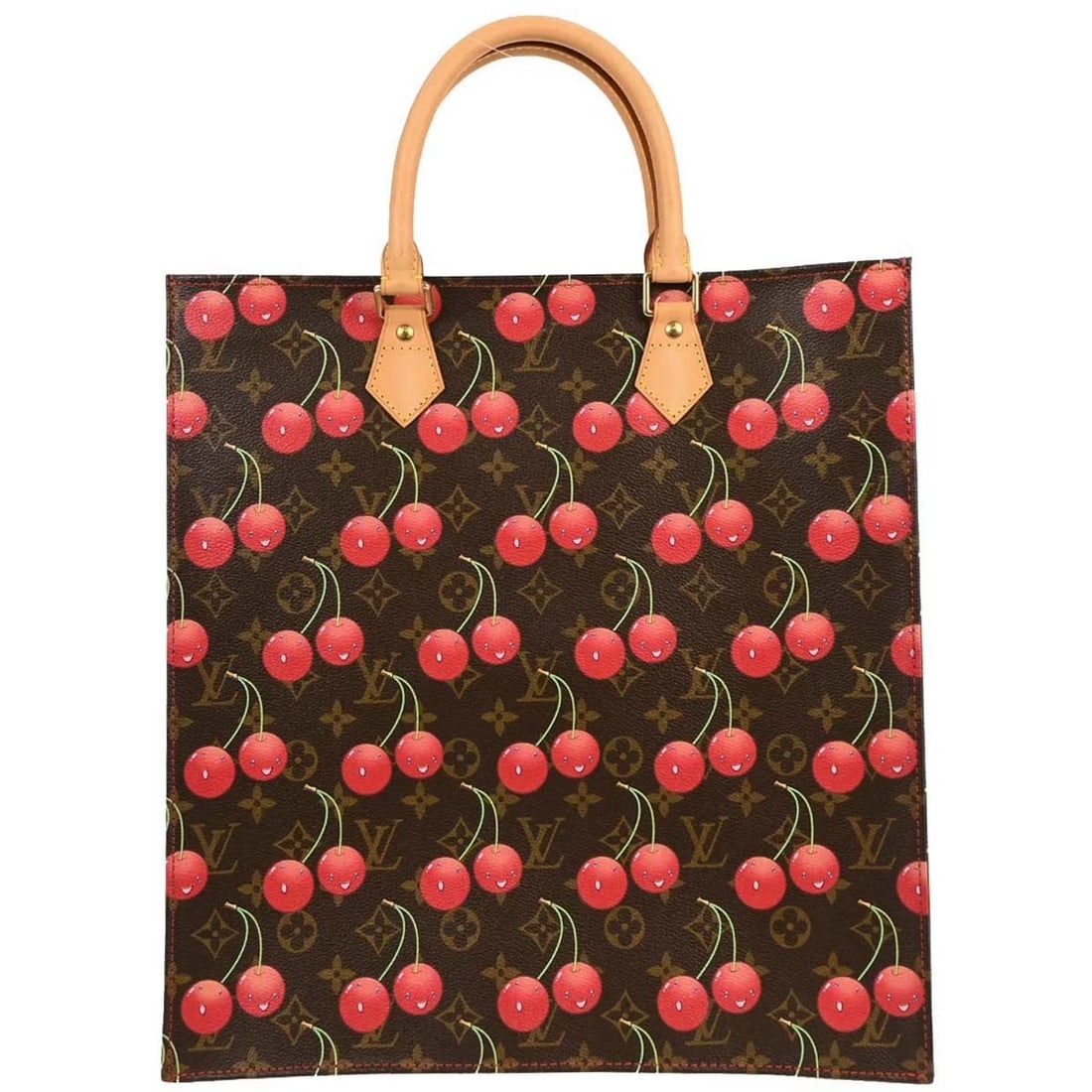 LOUIS VUITTON MONOGRAM CHERRY SAC PLAT TOTE HANDBAG: Louis Vuitton Monogram Cherry Sac Plat Tote Handbag Brand: Louis Vuitton Type: Tote Material/Exterior Material: Monogram Cherry Canvas, Leather Color/Exterior Color: Brown, Red Size: W 14.2 x
