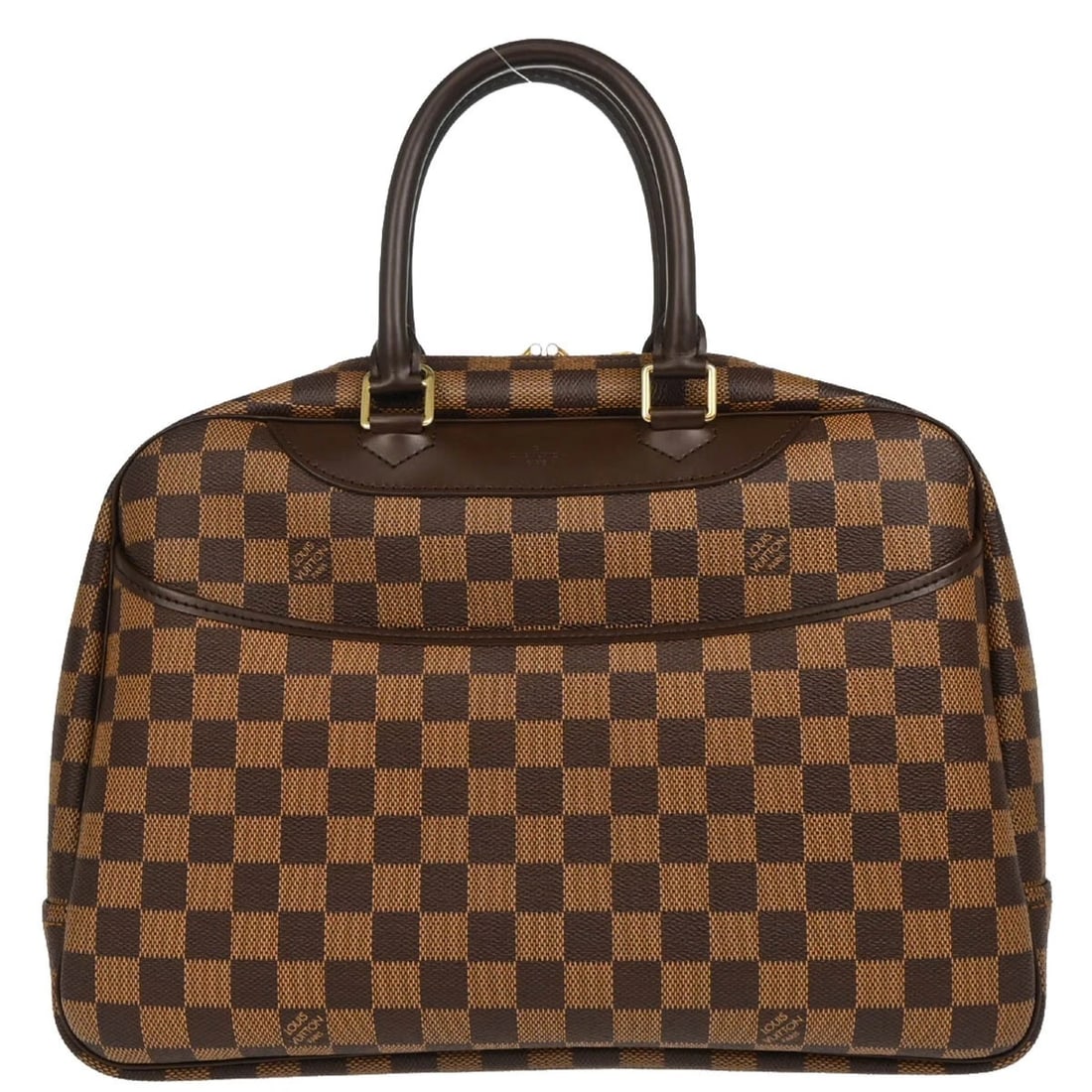 LOUIS VUITTON DAMIER DEAUVILLE BOWLING VANITY HANDBAG: Louis Vuitton Damier Deauville Bowling Vanity Handbag Brand: Louis Vuitton Type: Hand Bag Material/Exterior Material: Damier Canvas, Leather Color/Exterior Color: Ebene * Brown Size: W 13.8 x