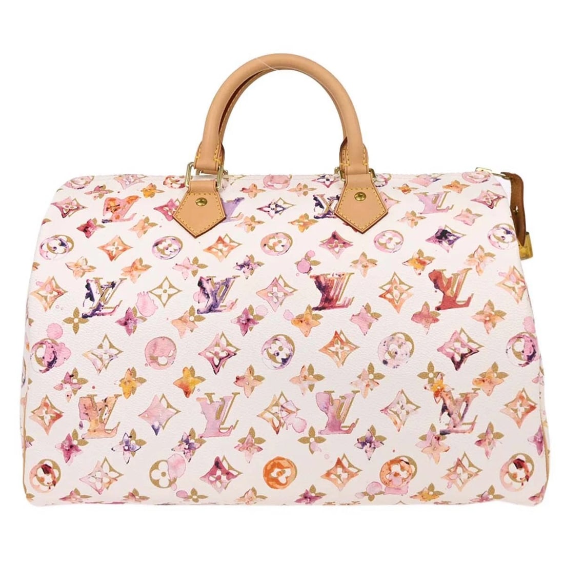 LOUIS VUITTON WHITE MONOGRAM WATERCOLOR SPEEDY 35 HANDBAG: Louis Vuitton White Monogram Watercolor Speedy 35 Handbag Brand: Louis Vuitton Type: Satchel/Top Handle Bag Material/Exterior Material: Monogram watercolor canvas, Leather Color/Exterior Color: Bla