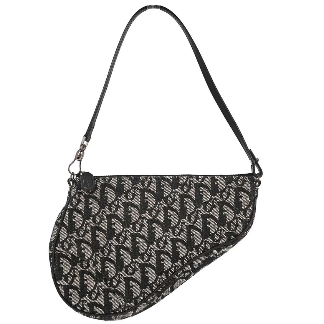 CHRISTIAN DIOR BLACK TROTTER SADDLE HANDBAG: Christian Dior Black Trotter Saddle Handbag Brand: Dior Type: Saddle Bag Material/Exterior Material: Canvas, Leather Color/Exterior Color: Black, White Size: W 8.3 x H 6.3 x D 1.6 " Handle