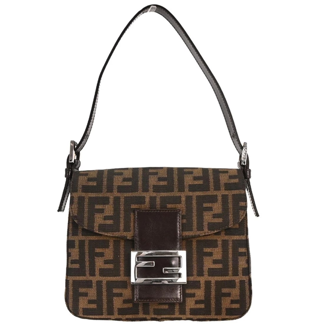 FENDI BROWN CANVAS ZUCCA HANDBAG: Fendi Brown Canvas Zucca Handbag Brand: Fendi Type: Hand Bag Material/Exterior Material: Canvas, Leather Color/Exterior Color: Brown, Black Size: W 7.9 x H 6.7 x D 2.2 " Handle Drop. 6.7 - 9.1