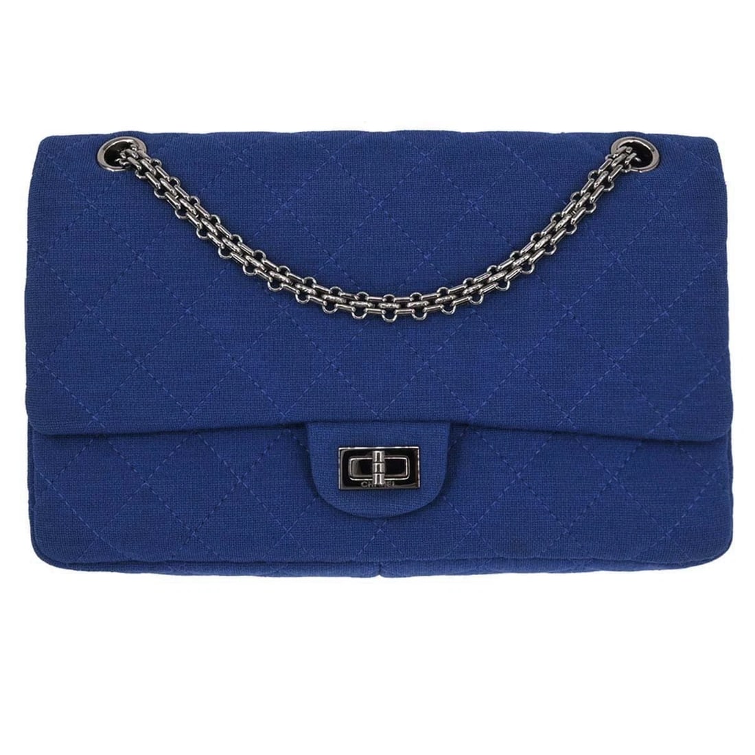 CHANEL BLUE COTTON 2.55 CLASSIC FLAP SHOULDER BAG: Chanel Blue Cotton 2.55 Classic Flap Shoulder Bag Brand: CHANEL Type: Shoulder Bag Material/Exterior Material: Cotton Color/Exterior Color: Blue Size: W 10.6 x H 6.3 x D 3.1 " Strap Drop.(Single)