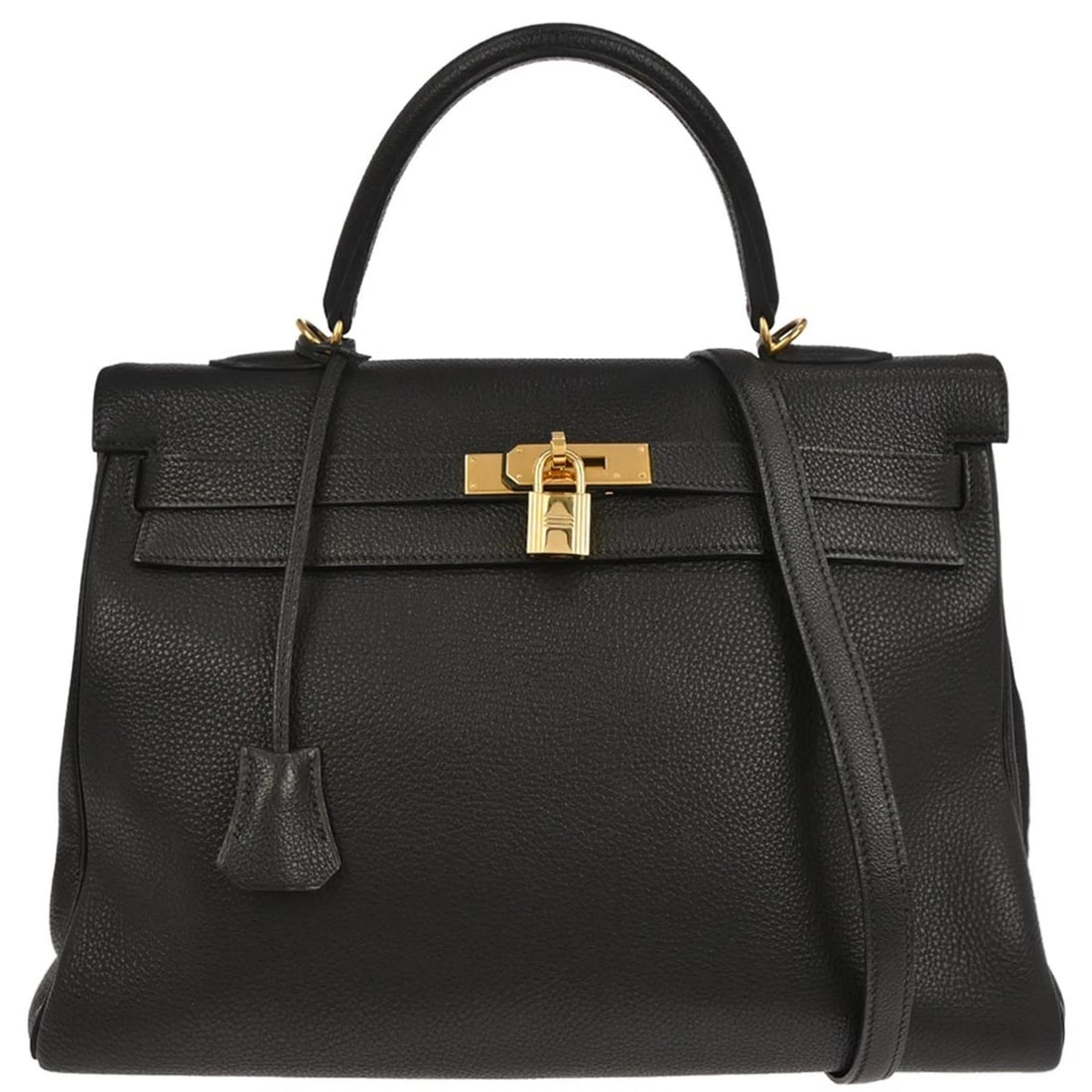 HERMES BLACK TOGO KELLY 35 RETOURNE 2WAY HANDBAG: Hermes Black Togo Kelly 35 Retourne 2way Handbag Brand: HERMÈS Type: Top Handle Bag Material/Exterior Material: Togo leather Color/Exterior Color: Black Size: W 13.8 x H 9.8 x D 5.5 " Handle Drop