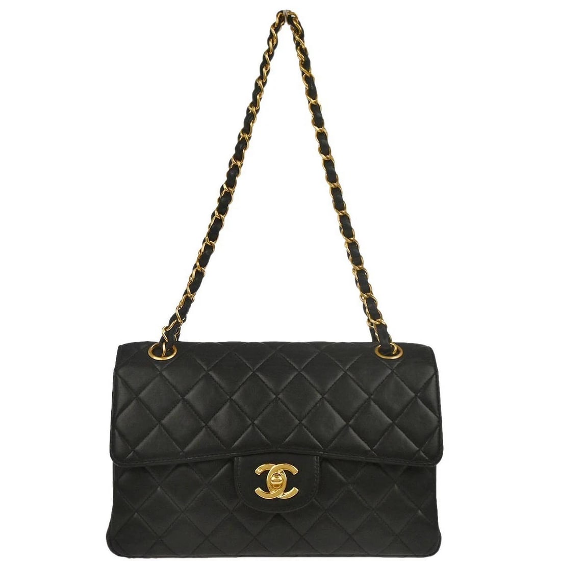 CHANEL BLACK LAMBSKIN DOUBLE SIDED FLAP SHOULDER BAG: Chanel Black Lambskin Double Sided Flap Shoulder Bag Brand: CHANEL Type: Handbag Material/Exterior Material: Lambskin Leather Color/Exterior Color: Black Size: W 8.7 x H 5.5 x D 3.1 " Handle Drop.