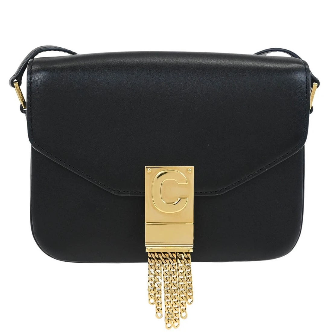 CELINE BLACK SMALL C PAMPILLE SHOULDER BAG: Celine Black Small C Pampille Shoulder Bag Brand: CELINE Type: Shoulder Bag Material/Exterior Material: Leather Color/Exterior Color: Black Size: W 6.3 x H 5.1 x D 1.2 " Strap Drop. 16.1 - 13.0 "