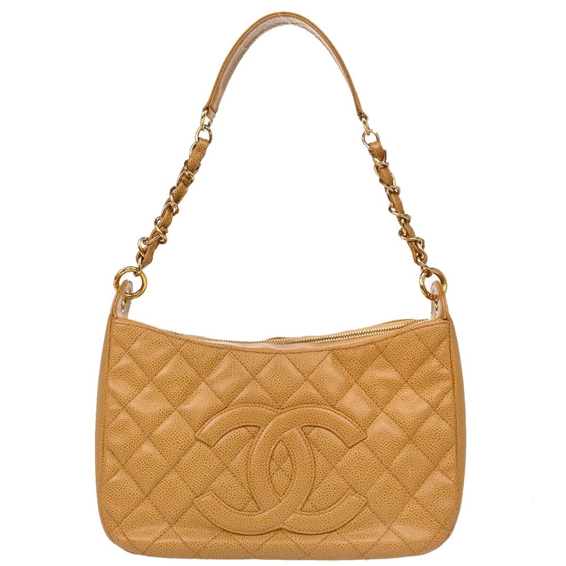 CHANEL BEIGE CALFSKIN HANDBAG: Chanel Beige Calfskin Handbag Brand: CHANEL Type: Top Handle Bag Material/Exterior Material: Caviar Skin Leather Color/Exterior Color: Beige Size: W 10.8 x H 6.7 x D 3.5 " Handle Drop. 10.6 " Acc