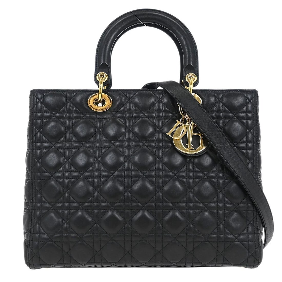 CHRISTIAN DIOR BLACK LAMBSKIN LADY DIOR CANNAGE 2WAY HANDBAG: Christian Dior Black Lambskin Lady Dior Cannage 2way Handbag Brand: Dior Type: Satchel/Top Handle Bag Material/Exterior Material: Lambskin Color/Exterior Color: Black Size: W 12.6 x H 10.2 x D