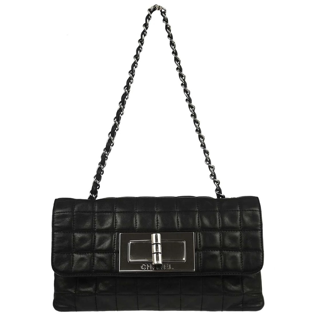 CHANEL BLACK LAMBSKIN CHOCO BAR MADEMOISELLE LOCK HANDBAG: Chanel Black Lambskin Choco Bar Mademoiselle Lock Handbag Brand: CHANEL Type: Top Handle Bag Material/Exterior Material: Lambskin Color/Exterior Color: Black Size: W 9.4 x H 5.5 x D 1.2 "