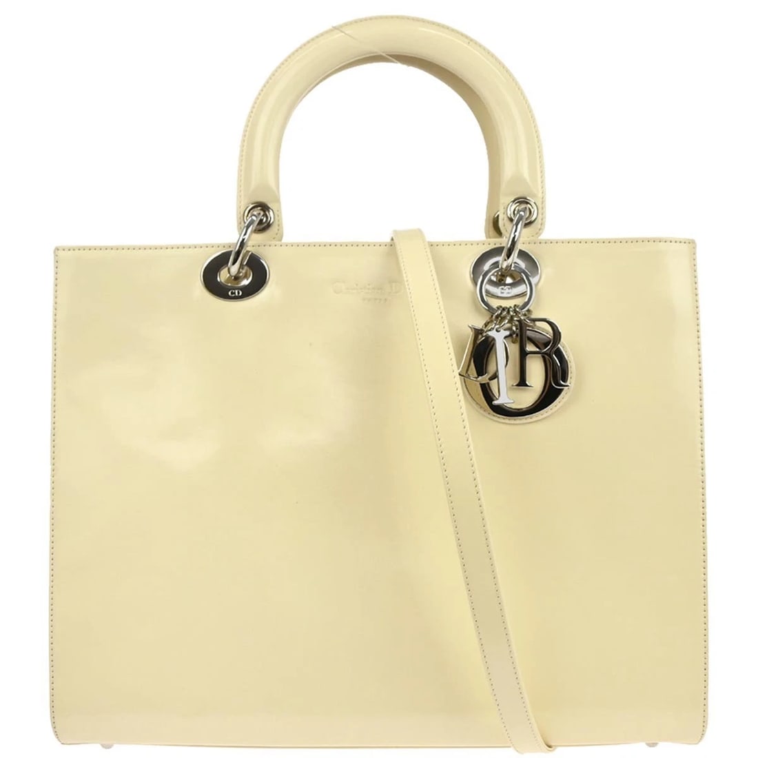 CHRISTIAN DIOR OFF-WHITE PATENT LEATHER LADY DIOR 2WAY HANDBAG: Christian Dior Off-white Patent Leather Lady Dior 2way Handbag Brand: Dior Type: Satchel/Top Handle Bag Material/Exterior Material: Patent leather Color/Exterior Color: Off-white Size: W 12.6 x H