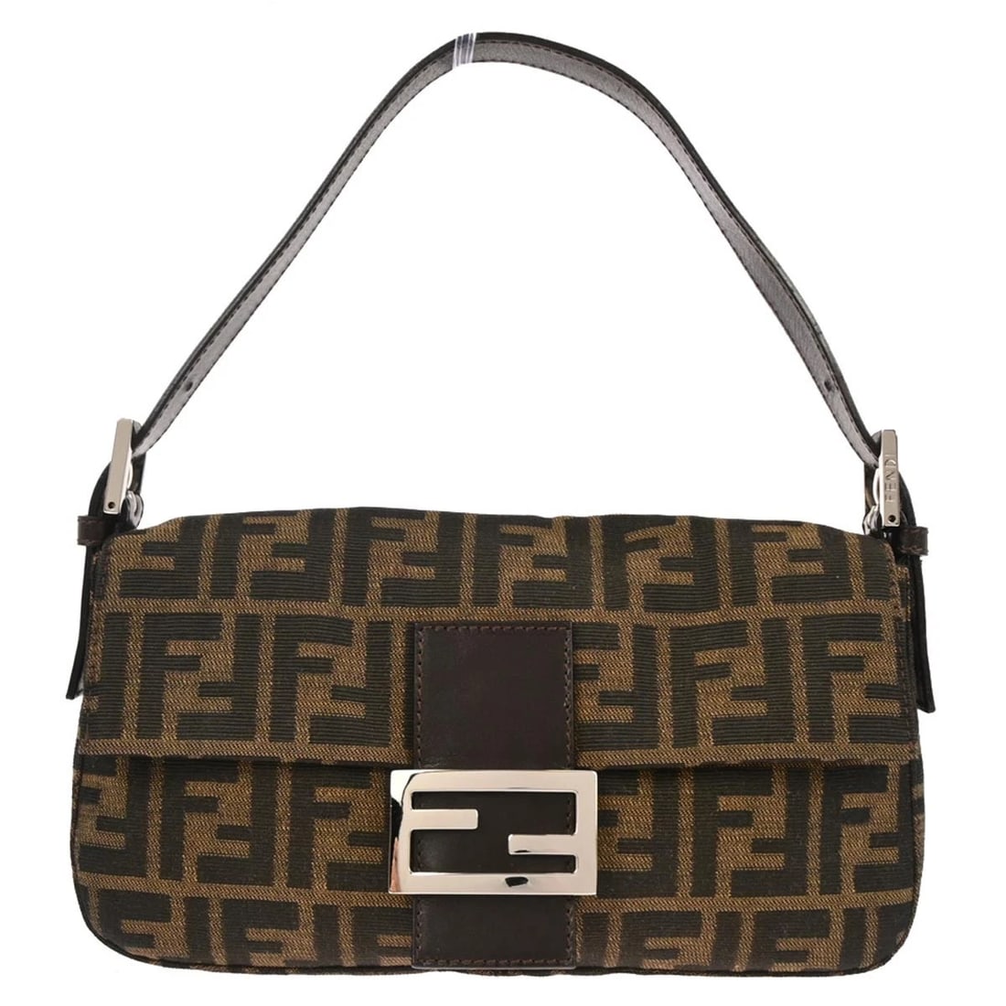 FENDI BROWN ZUCCA BAGUETTE HANDBAG: Fendi Brown Zucca Baguette Handbag Brand: Fendi Type: Hand Bag Material/Exterior Material: Canvas, Leather Color/Exterior Color: Brown, Black Size: W 9.8 x H 5.5 x D 1.6 " Strap Drop. 5.5 - 7.1 "