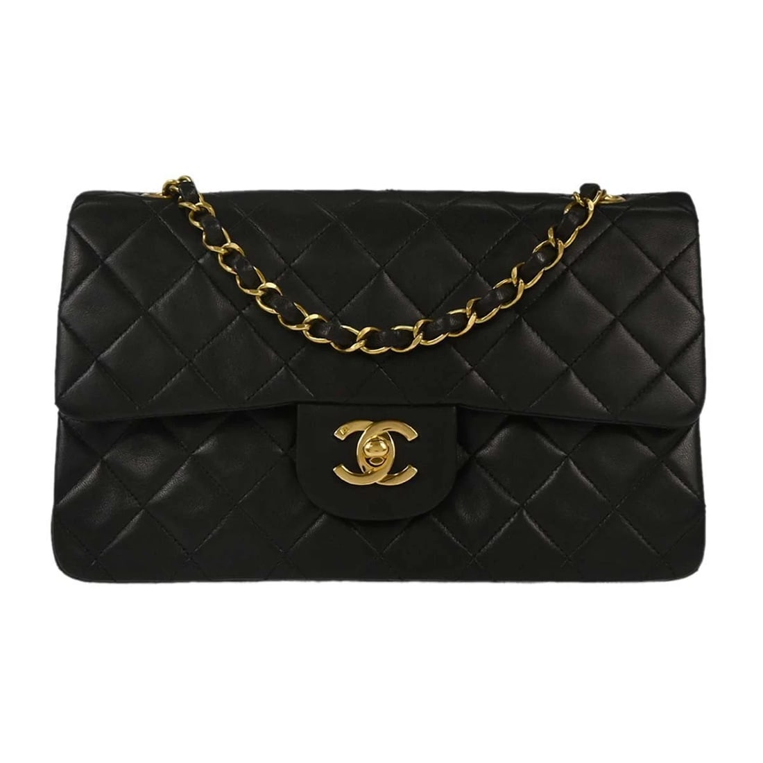 CHANEL BLACK LAMBSKIN SMALL CLASSIC DOUBLE FLAP SHOULDER BAG: Chanel Black Lambskin Small Classic Double Flap Shoulder Bag Brand: CHANEL Type: Shoulder Bag Material/Exterior Material: Lambskin Color/Exterior Color: Black Size: W 9.1 x H 5.5 x D 2.8 " Strap D