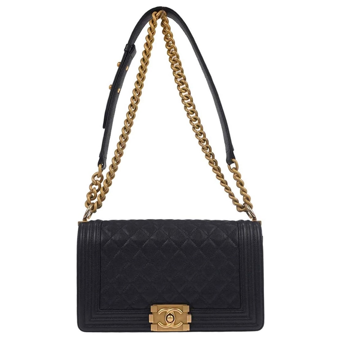 BOY CHANEL NAVY CALFSKIN MEDIUM SHOULDER BAG: Boy Chanel Navy Calfskin Medium Shoulder Bag Brand: CHANEL Type: Shoulder Bag Material/Exterior Material: Caviar Skin Leather Color/Exterior Color: Navy Size: W 9.8 x H 5.9 x D 3.1 " Strap Drop.(S