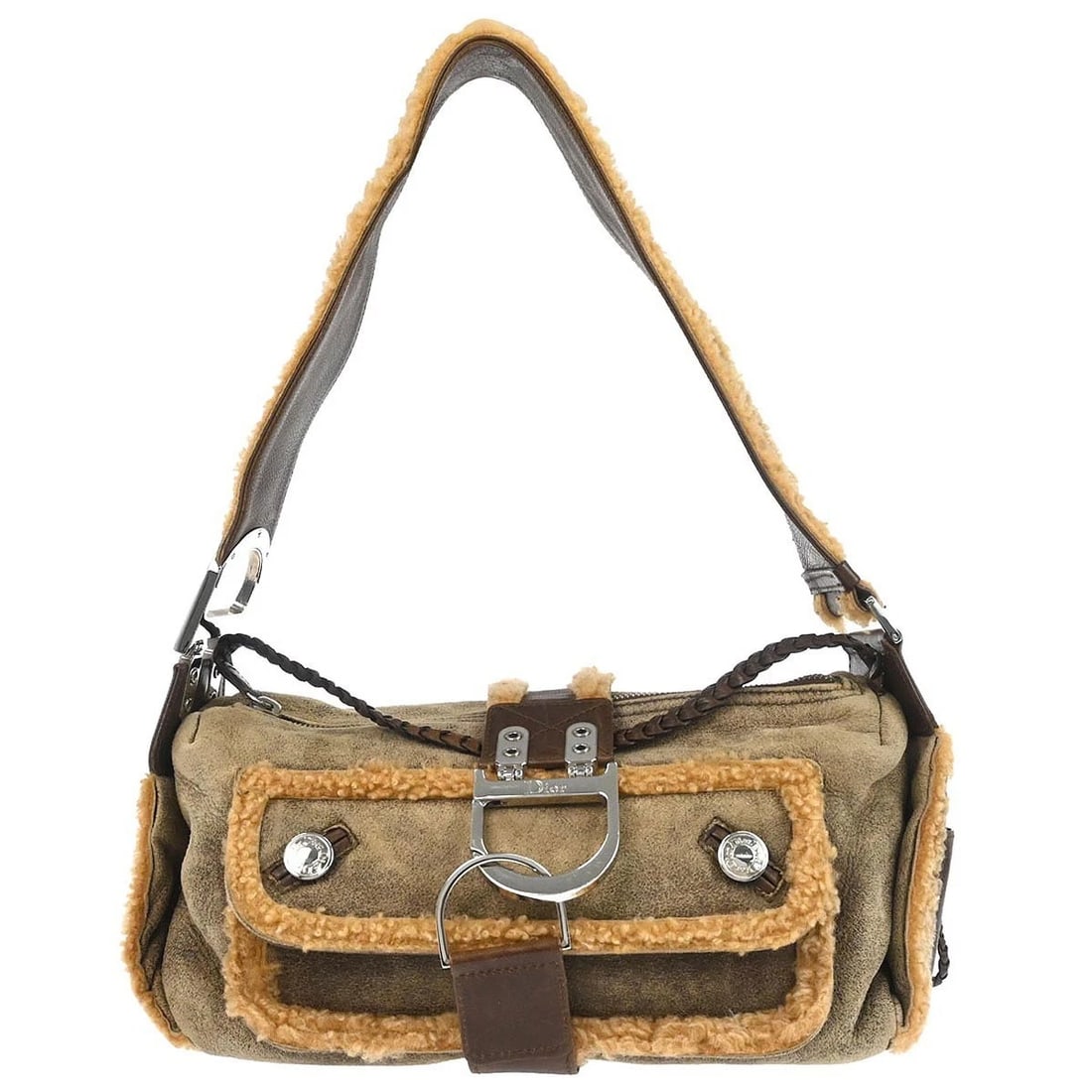 CHRISTIAN DIOR BEIGE MOUTON FLIGHT HANDBAG: Christian Dior Beige Mouton Flight Handbag Brand: Dior Type: Handbag Material/Exterior Material: Mouton, Leather Color/Exterior Color: Beige Size: W 11.4 x H 5.5 x D 3.9 " Handle Drop. 11.0 " Acc