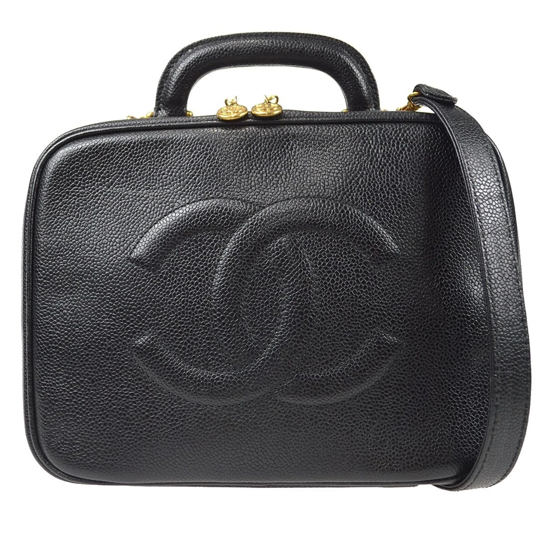 CHANEL BLACK CALFSKIN TIMELESS LUNCH BOX VANITY 24 2WAY HANDBAG: Chanel Black Calfskin Timeless Lunch Box Vanity 24 2way Handbag Brand: CHANEL Type: CHANEL Vanity Material/Exterior Material: Caviar Skin Leather Color/Exterior Color: Black Size: W 9.4 x H 7.1x D