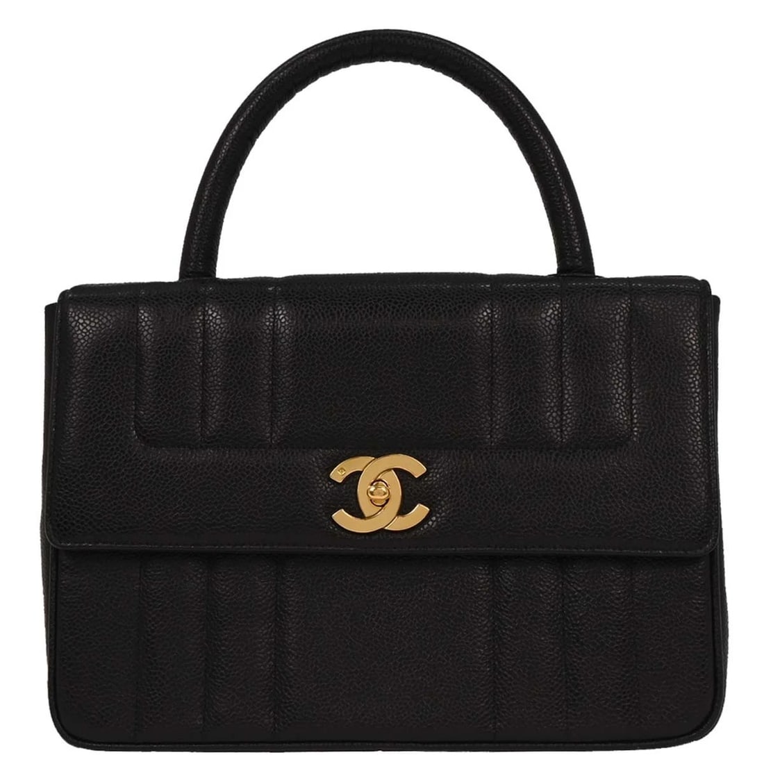 CHANEL BLACK CALFSKIN HANDBAG: Chanel Black Calfskin Handbag Brand: CHANEL Type: Top Handle Bag Material/Exterior Material: Caviar Skin Leather Color/Exterior Color: Black Size: W 10.2 x H 7.1 x D 3.1 " Handle Drop. 3.9 " Acce