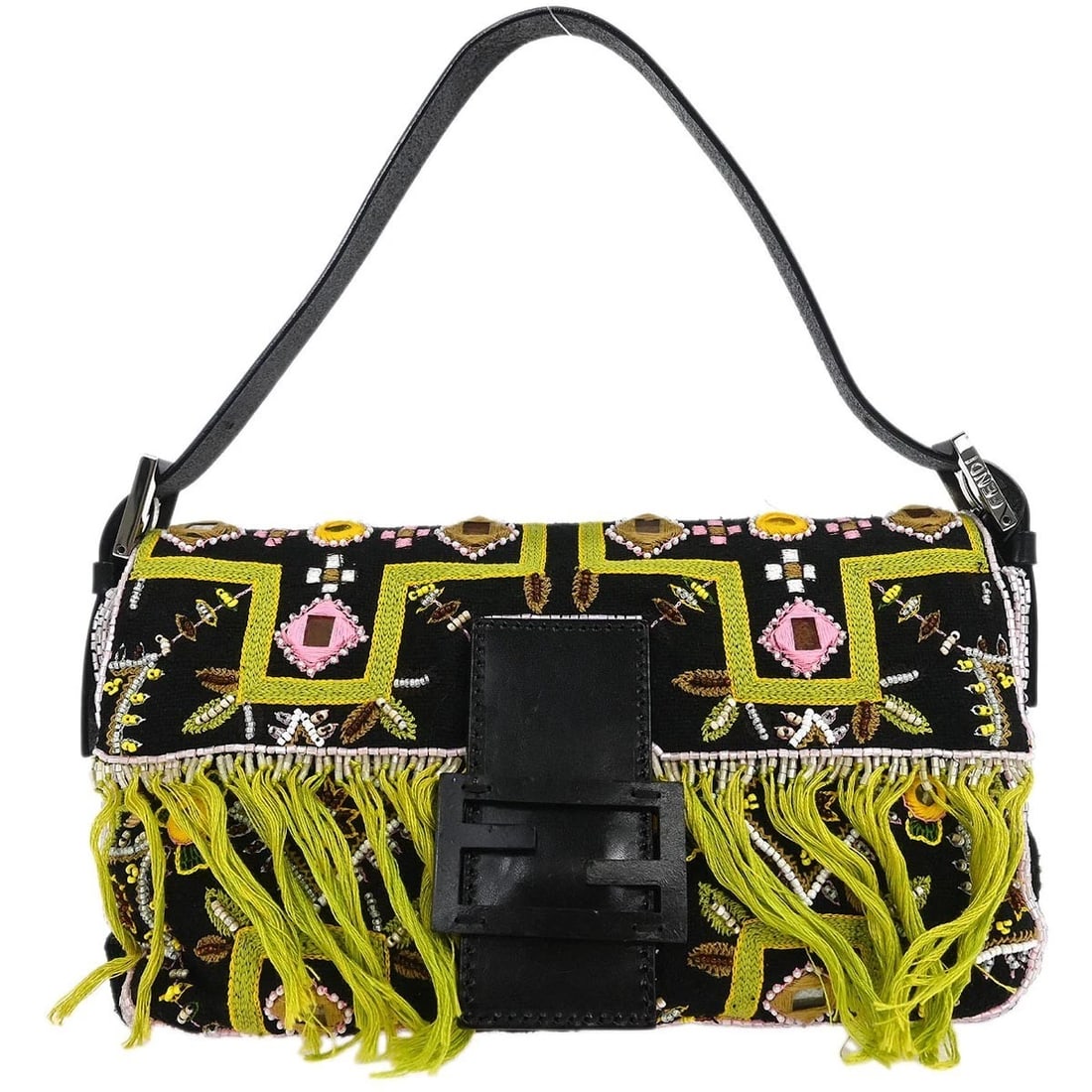 FENDI BLACK COTTON BEADED EMBROIDERED BAGUETTE HANDBAG: Fendi Black Cotton Beaded Embroidered Baguette Handbag Brand: Fendi Type: Hand Bag Material/Exterior Material: Cotton, Leather, Beads Color/Exterior Color: Black, Green, Pink Size: W 10.2 x H 5.5