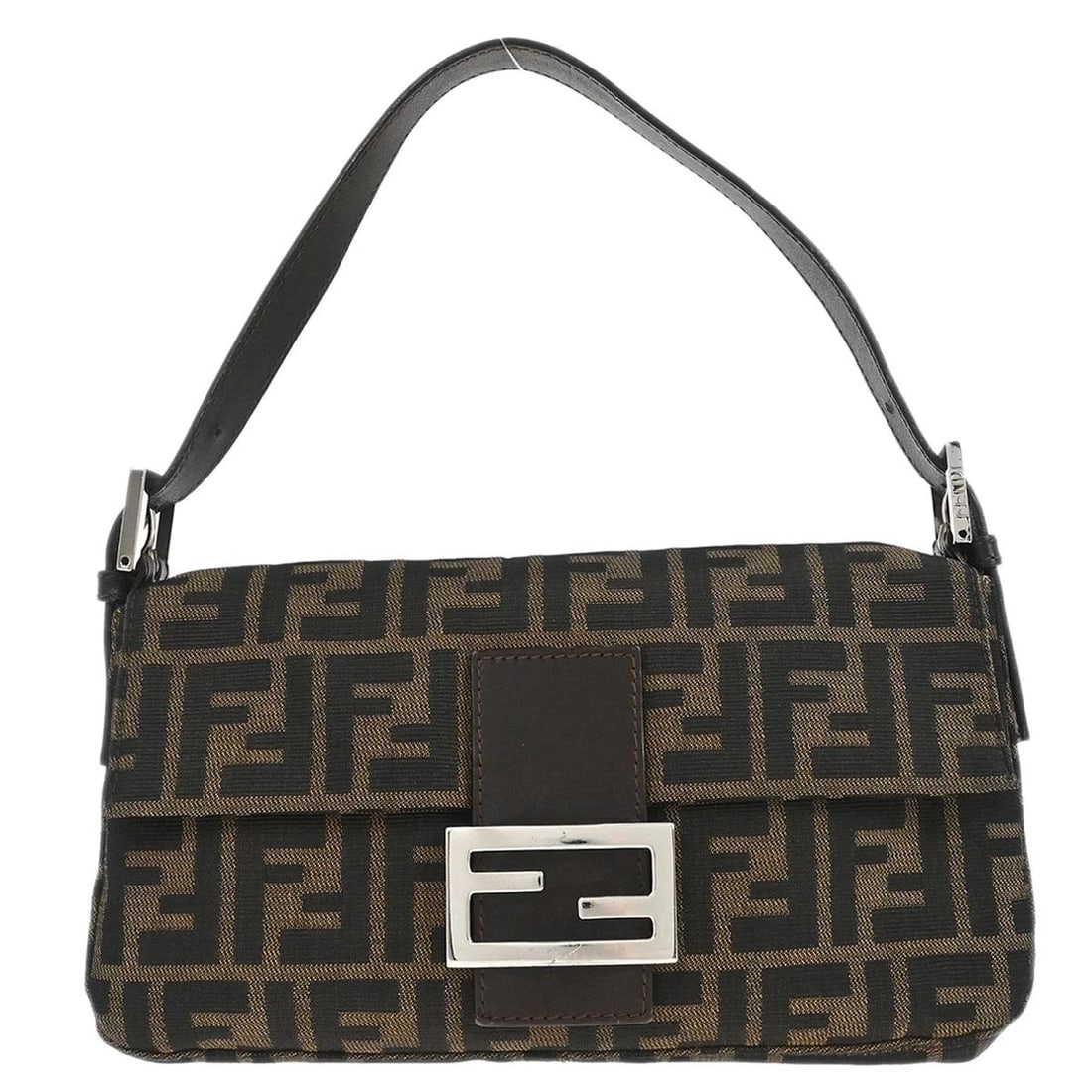 FENDI BROWN ZUCCA BAGUETTE HANDBAG: Fendi Brown Zucca Baguette Handbag Brand: Fendi Type: Hand Bag Material/Exterior Material: Canvas, Leather Color/Exterior Color: Brown, Black Size: W 9.8 x H 5.5 x D 1.6 " Strap Drop. 5.5 - 7.1 "