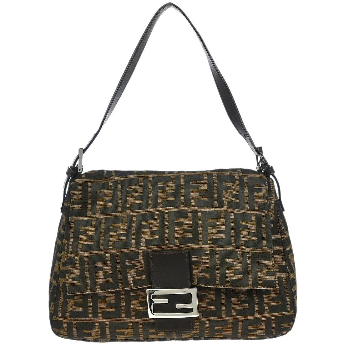 FENDI BROWN CANVAS ZUCCA MAMMA BAGUETTE HANDBAG: Fendi Brown Canvas Zucca Mamma Baguette Handbag Brand: Fendi Type: Hand Bag Material/Exterior Material: Canvas, Leather Color/Exterior Color: Brown, Black Size: W 11.0 x H 7.9 x D 4.7 " Strap Drop