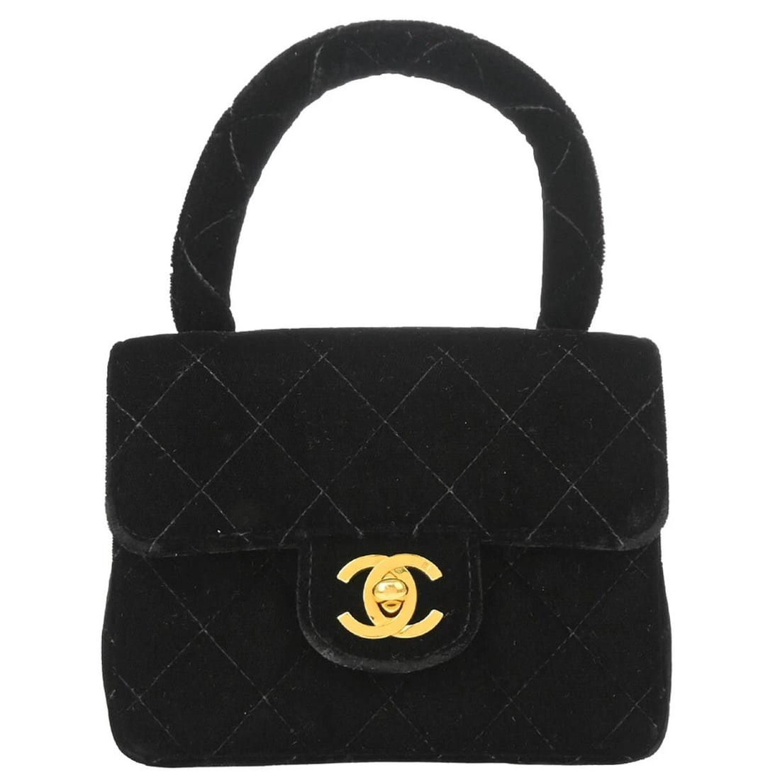CHANEL BLACK VELVET MINI SQUARE HANDBAG: Chanel Black Velvet Mini Square Handbag Brand: CHANEL Type: Top Handle Bag Material/Exterior Material: Velvet Color/Exterior Color: Black Size: W 5.5 x H 4.3 x D 2.4 " Handle Drop. 2.8 " Accessor
