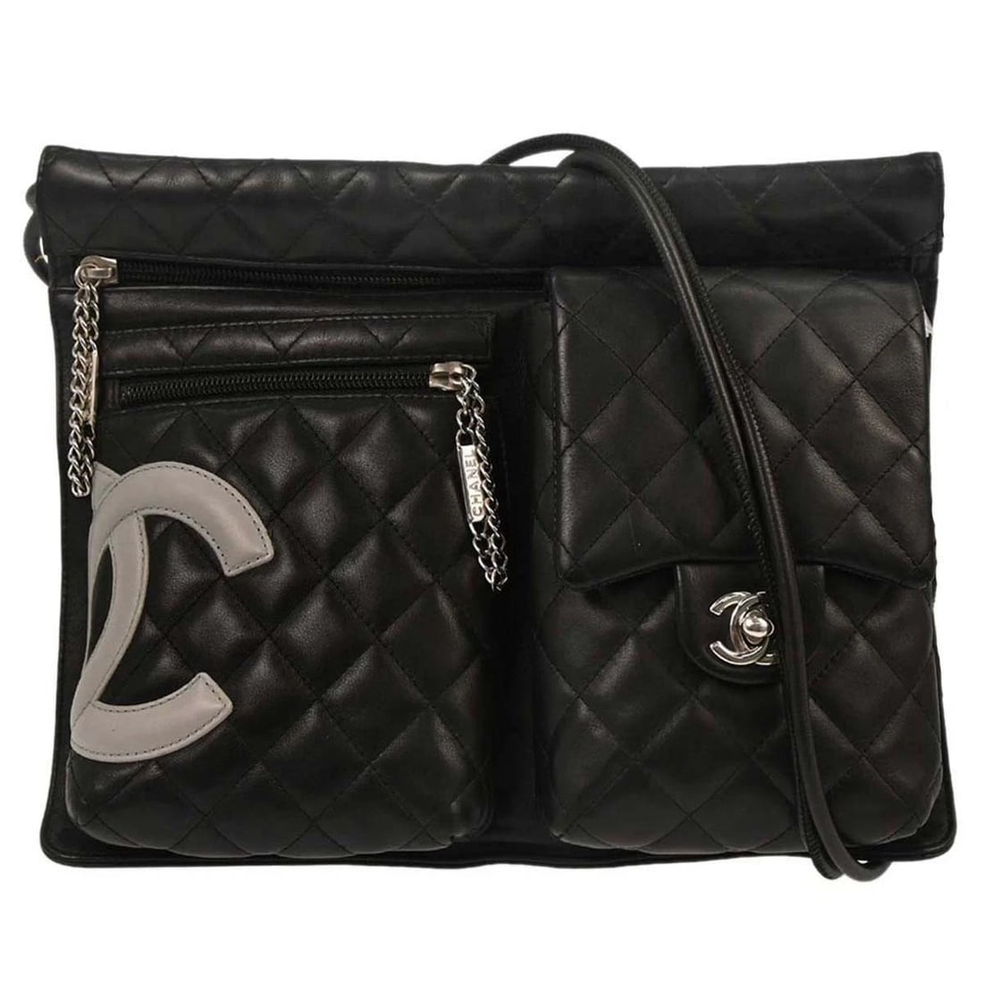 CHANEL BLACK CALFSKIN CAMBON LIGNE SHOULDER BAG: Chanel Black Calfskin Cambon Ligne Shoulder Bag Brand: CHANEL Type: Crossbody Material/Exterior Material: Calfskin Leather Color/Exterior Color: Black Size: W 11.0 x H 9.1 x D 1.2 " Strap Drop.(Si