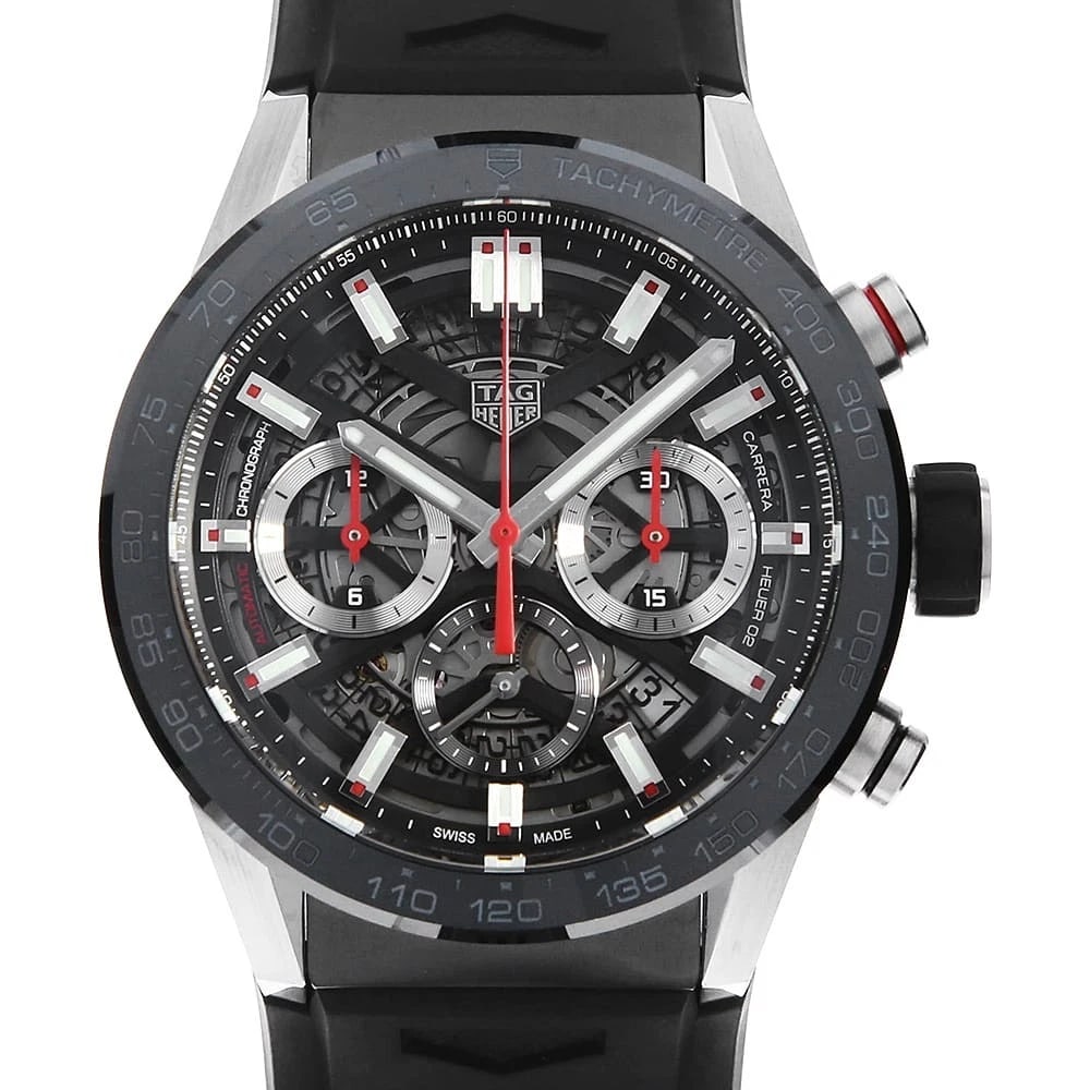TAG HEUER CARRERA CALIBER CHRONOGRAPH: TAG Heuer Carrera Caliber Chronograph Brand: TAG Heuer Type: Wrist watch Material: Band Materialrubber, Case MaterialStainless Steel Color: Black Size: Case:W43mm Accessories: None