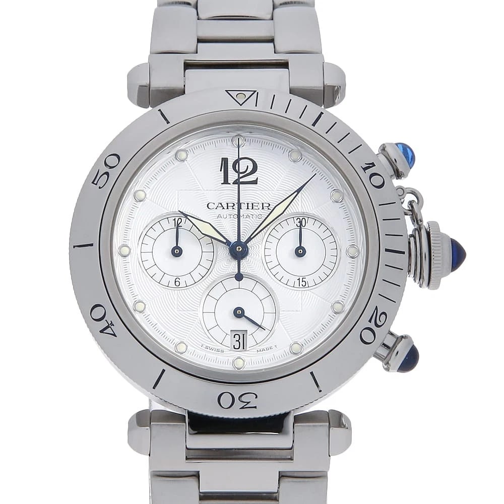 CARTIER PASHA CHRONOGRAPH: Cartier Pasha Chronograph Brand: Cartier Type: Wrist watch Material: Band MaterialStainless Steel, Case MaterialStainless Steel Color: Silver Size: Case:W38mm Circumference of Wrist:18.5cm 