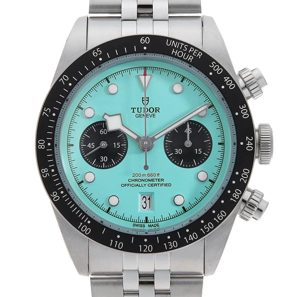 TUDOR BLACK CHRONO BLUE: TUDOR Black Chrono Blue Brand: TUDOR Type: Wrist watch Material: Band MaterialStainless Steel, Case MaterialStainless Steel Color: Turquoise Blue Size: Case:W41mm Circumference of Wrist:20.5cm