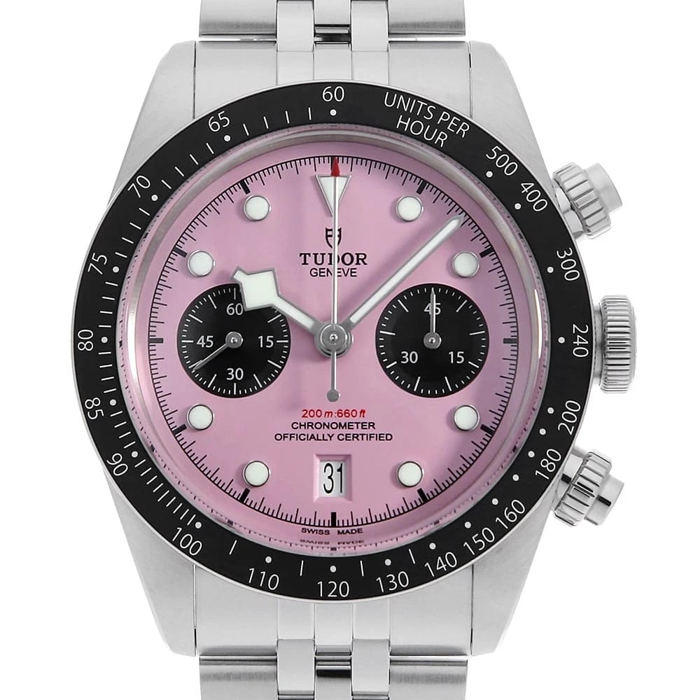 TUDOR BLACK CHRONO: TUDOR Black Chrono Brand: TUDOR Type: Wrist watch Material: Band MaterialStainless Steel, Case MaterialStainless Steel Color: Pink Size: Case:W41mm Circumference of Wrist:21cm Accessories: None