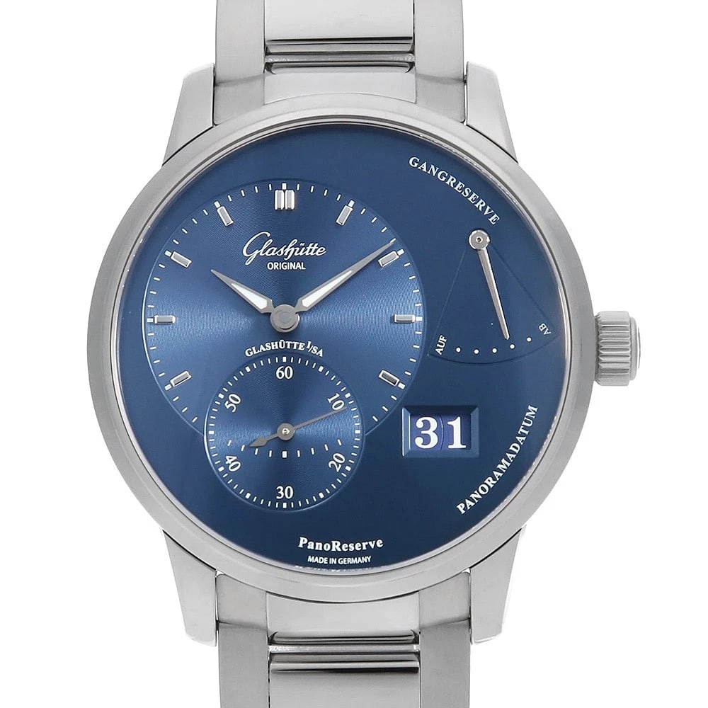 GLASHUTTE ORIGINAL PANO RESERVE: Glashutte Original Pano reserve Brand: Glashutte Original Type: Wrist watch Material: Band MaterialStainless Steel, Case MaterialStainless Steel Color: Blue Size: Case:W40mm Circumference of